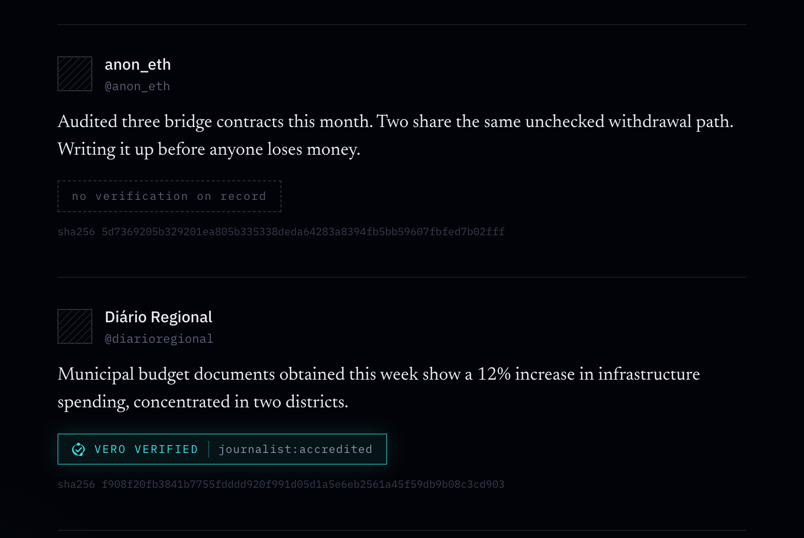 Two posts in a feed. The first carries no verification; the second shows a cyan Vero verified badge, marked with the Vero symbol, reading journalist:accredited.